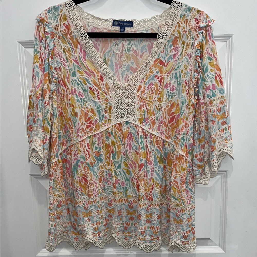 Democracy Multicolor Embroidered Trim Blouse